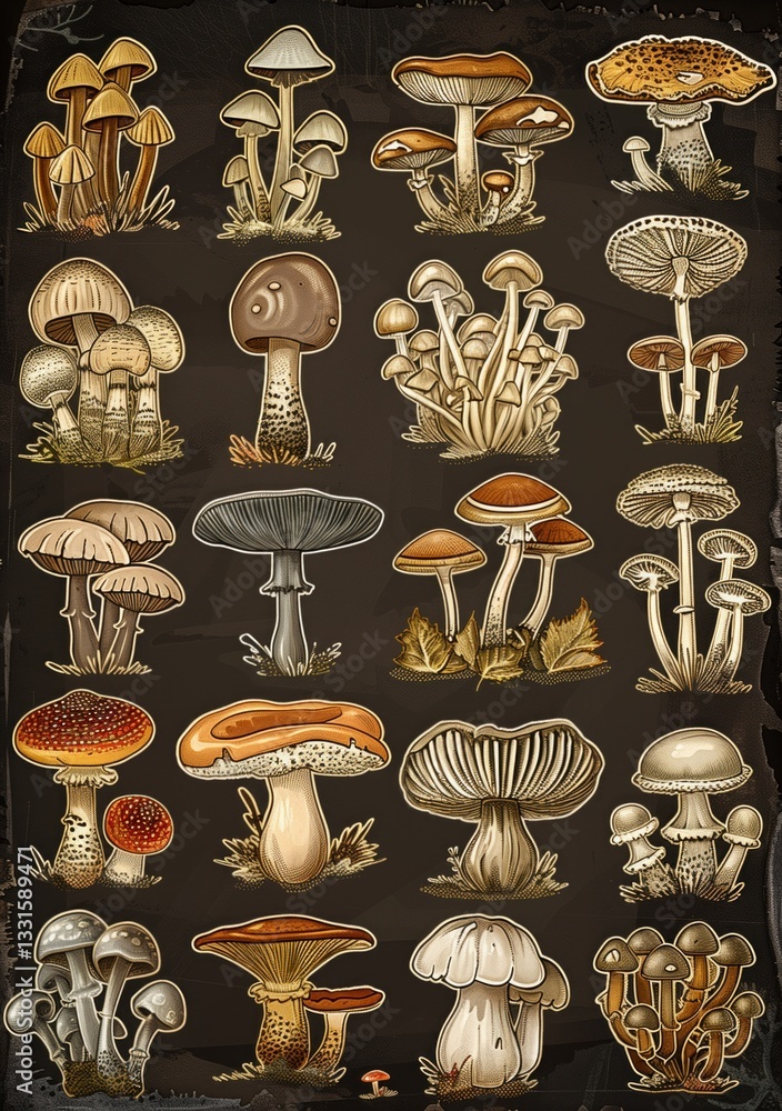 Vintage-style poster of various mushroom species, carefully arranged in an elegant grid, realistic hand-drawn illustration on a dark brown background