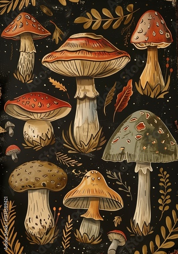 Obraz na płótnie Vintage poster of different mushrooms on a black background with golden leaves w salonie