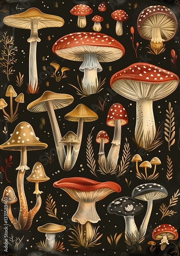 Obraz na płótnie Vintage poster of mushrooms on a black starry background with twigs and small plants, pattern w salonie