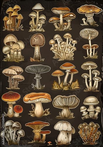 Obraz na płótnie Vintage-style poster of various mushroom species, carefully arranged in an elegant grid, realistic hand-drawn illustration on a dark brown background w salonie