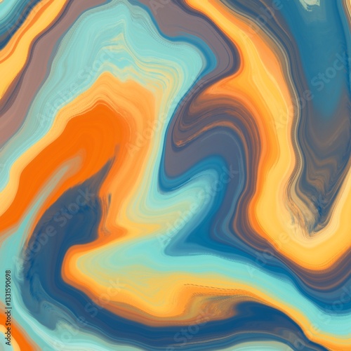 Abstract design featuring swirls of blue, orange, and beige hues creating a fluid, marbled effect. The smooth, undulating lines blend seamlessly, generating a dynamic sense of movement.