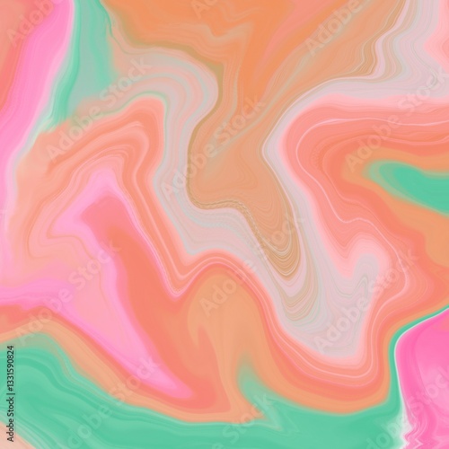 Abstract artwork featuring swirling patterns of pastel colors, including pink, orange, and green. The design incorporates fluid, wavy lines that blend seamlessly, creating a marbled effect