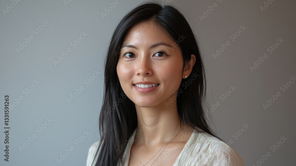 Smiling Asian woman with long black hair, light beige top, and neutral background. Smiling Asian woman with long black hair, light beige top, and neutral background.