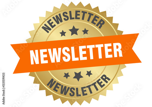 newsletter. newsletter round orange and gold label isolated on transparent background