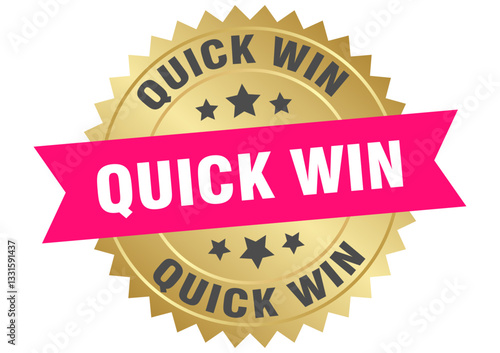 quick win. quick win round pink and gold label isolated on transparent background