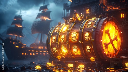 A pirate-themed slot machine glowing with golden light, its reels spinning with crossed cutlasses, treasure chests, and skull-adorned coins.
