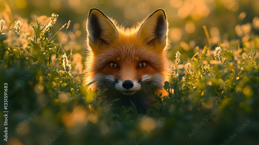 Fototapeta premium Wild Fox Peeking Through Tall Grass in Sun-Drenched Meadow, Showcasing Curious Nature – Generative AI