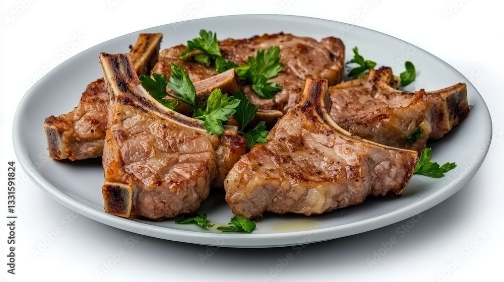 Grilled Lamb Chops Garnished with Fresh Parsley on White Plate Grilled Lamb Chops Garnished with Fresh Parsley on White Plate