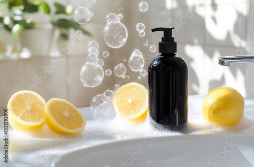 Lemon-scented soap dispenser, bubbles, bathroom sink, plant in background.  Possible use  product photography photo