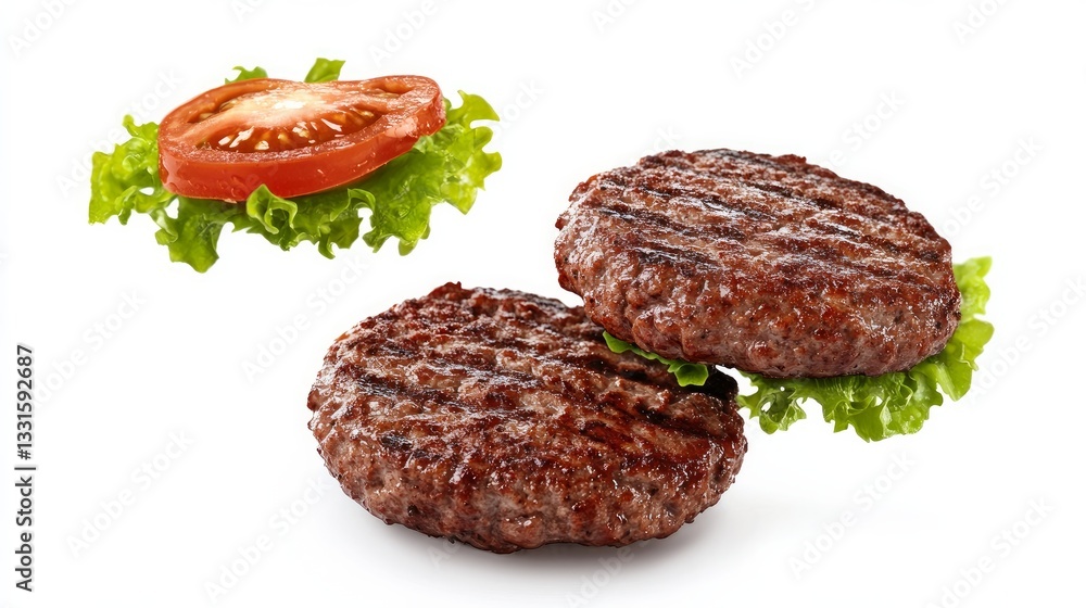 A floating cooked hamburger patty isolated on white showcasing its grilled texture A floating cooked hamburger patty isolated on white showcasing its grilled texture