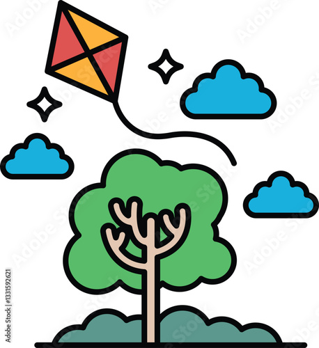 A kite is flying in the sky above a tree