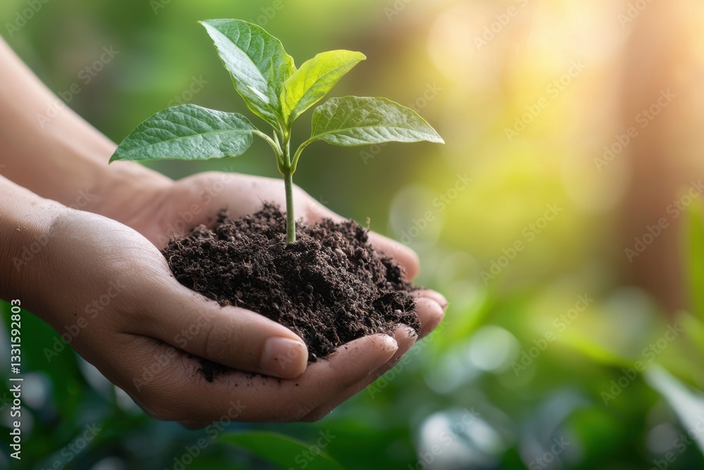 Nurturing growth cradling a young plant in rich soil nature's embrace garden setting close-up viewpoint inspiring sustainable growth in your environment Nurturing growth cradling a young plant in rich soil nature's embrace garden setting close-up viewpoint inspiring sustainable growth in your environment