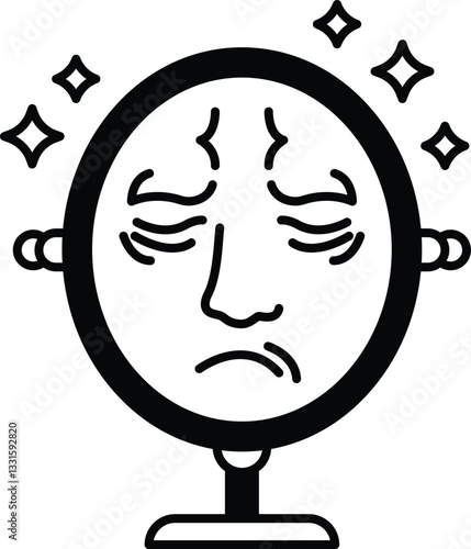 A face with eyes is reflected in a mirror