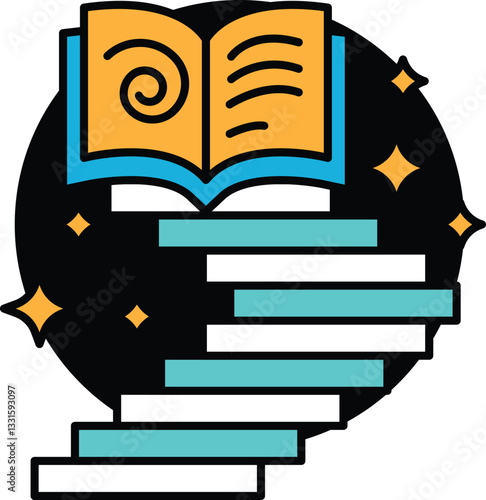 A book with a spiral on the cover and a staircase underneath it