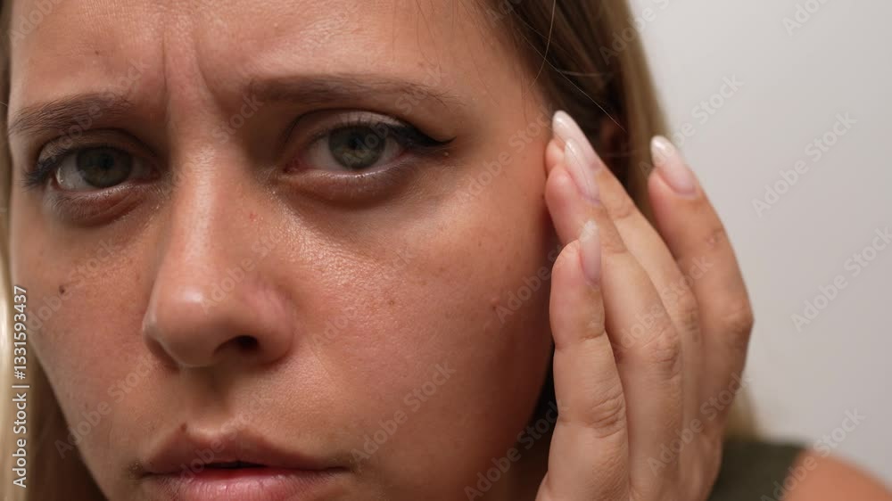 A young concerned woman gently touches the skin under her eyes, showing visible dark circles and puffiness. Her close-up expression reveals tiredness, under-eye swelling and a desire for care and rest A young concerned woman gently touches the skin under her eyes, showing visible dark circles and puffiness. Her close-up expression reveals tiredness, under-eye swelling and a desire for care and rest