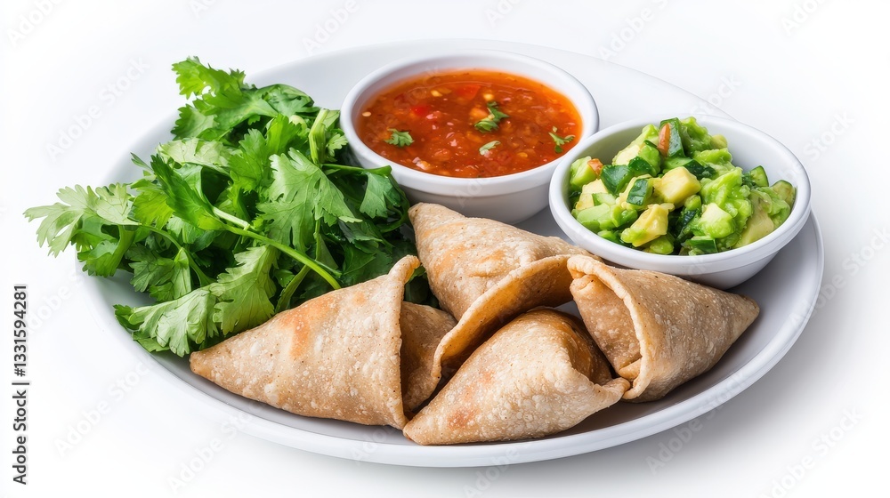 Delicious Samosas with Fresh Cilantro and Dipping Sauces Delicious Samosas with Fresh Cilantro and Dipping Sauces