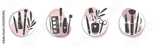 Set of elements and icons for beauty salon. Nail polish, nail brush, makeup tools, cosmetic brushes, lipstick, eyelash extension, brows. Vector illustrations for banner, cover, marketing.