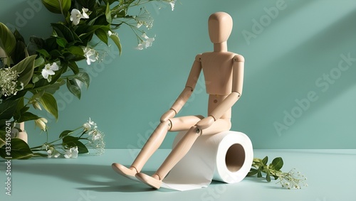 The wooden man sits on a roll of toilet paper