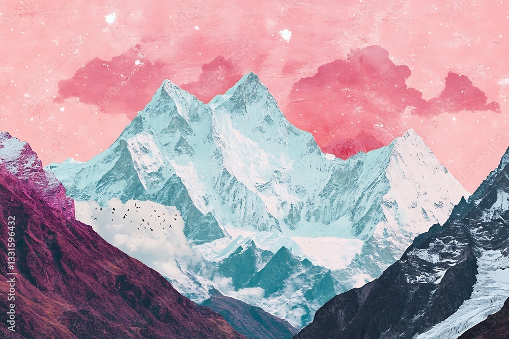 Obraz premium Artistic mountain view with clouds, stars, and snow. For travel, tourism, or posters