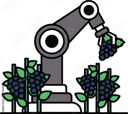A robot is picking grapes from a vineyard