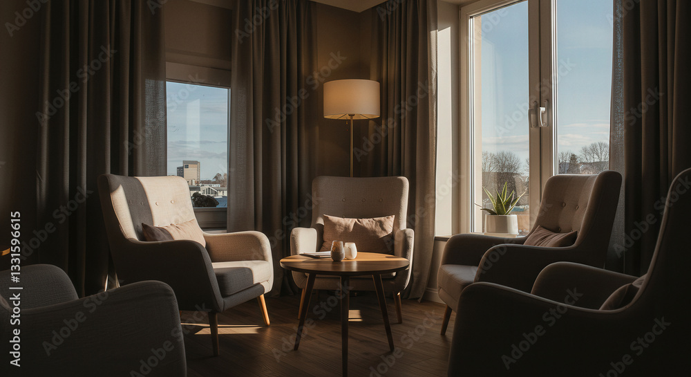 Fototapeta premium Relaxing corner with mocha mousse in a pastel-decorated room