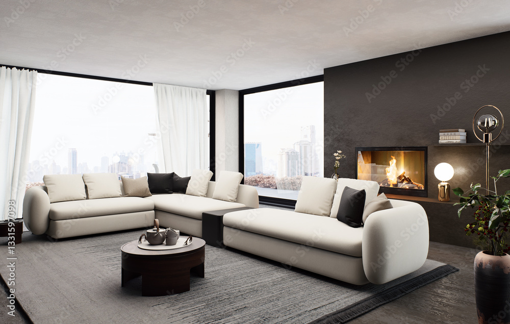 Fototapeta premium 3D illustration of a contemporary living room with beige and brown decor elements. The apartment has earth tones, decor, and furniture with a city view.