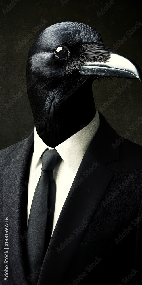 Fototapeta premium Anthropomorphic Raven in Suit, Profile on Black Background Animal Human Hybrid, Dark Art