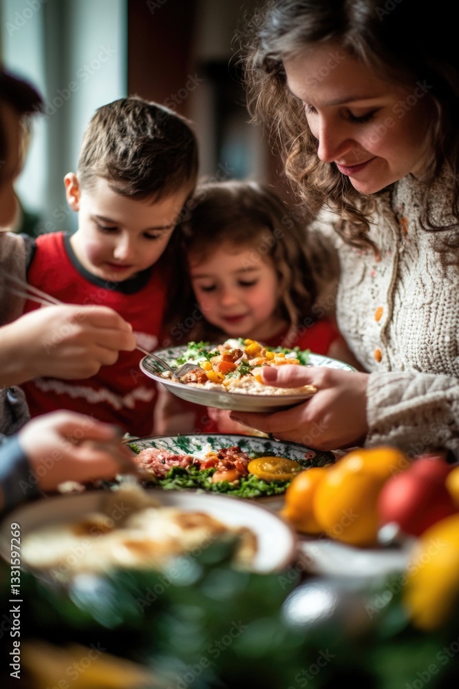A group of people enjoying a meal together, perfect for illustrating social gatherings or family dinners