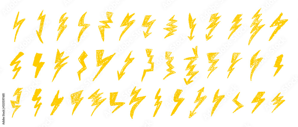 Set of lightning by wax pencil drawing. Collection of handdrawing chalk , light flash signs, Doodle thunder bolts, golden color design elements. Graffiti style weather symbols. Vector illustration. Set of lightning by wax pencil drawing. Collection of handdrawing chalk , light flash signs, Doodle thunder bolts, golden color design elements. Graffiti style weather symbols. Vector illustration.