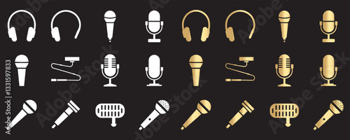 Iconic Sound Collection Audio and Microphone Symbols in White and Gold