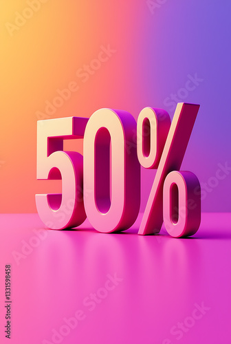 Eye-catching 50 percent discount sign displayed against a vibrant purple and orange gradient background in a modern design setting