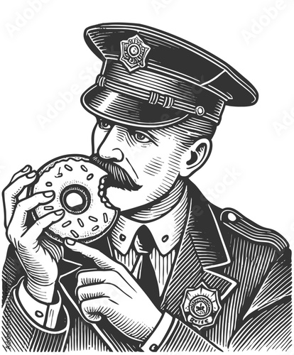 policeman biting into a donut, combining humor and nostalgia in a detailed vintage illustration style sketch engraving generative ai vector illustration. Scratch board imitation. Black and white image