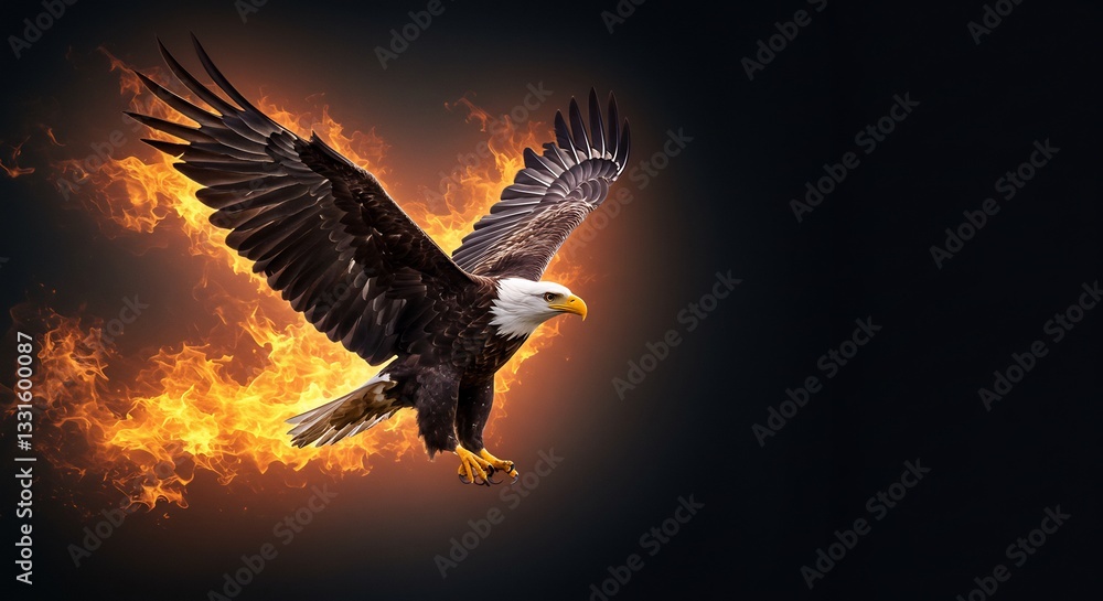 Fototapeta premium Majestic eagle powerfully soaring through fiery flames. AI Generated