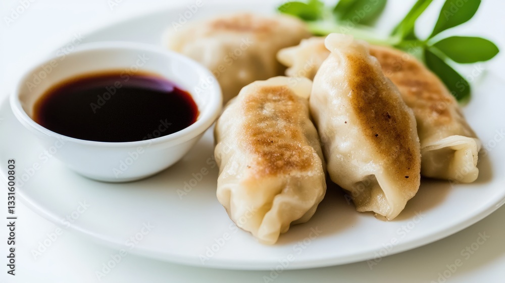 Delicious Dumplings Served with Dipping Sauce on White Plate Delicious Dumplings Served with Dipping Sauce on White Plate