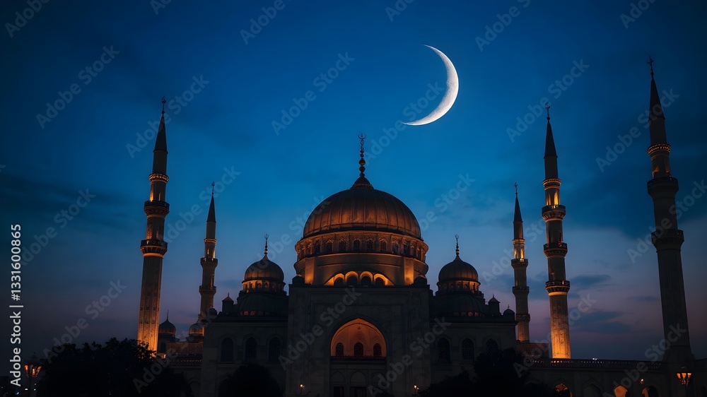 Fototapeta premium Mosques dome on dark blue twilight sky and crescent moon on background, symbol islamic religion and free space background