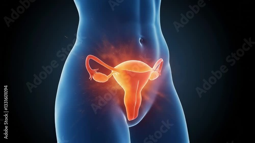 Medical illustration of a woman's pain in the uterus, seen from an angle. 3D CG image showing the structure of the human body and highlighting inflammation and injury