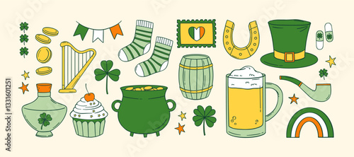 St. Patrick's Day hand drawn vector design elements big set. Patricks Day stickers, clipart