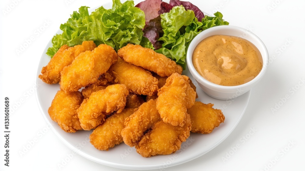Crispy Fried Chicken Nuggets with Salad and Dipping Sauce Crispy Fried Chicken Nuggets with Salad and Dipping Sauce