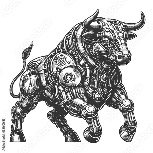 cybernetic bull with mechanical components, gears, and futuristic robotic details in steampunk style sketch engraving generative ai vector illustration. Scratch board imitation. Black and white image.