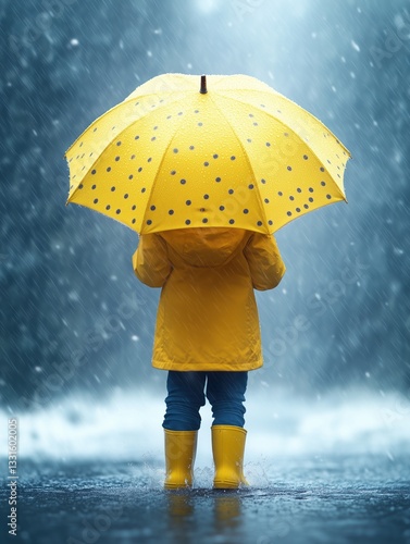 Bright yellow umbrella protects child from rain in a vibrant downpour on a gloomy day