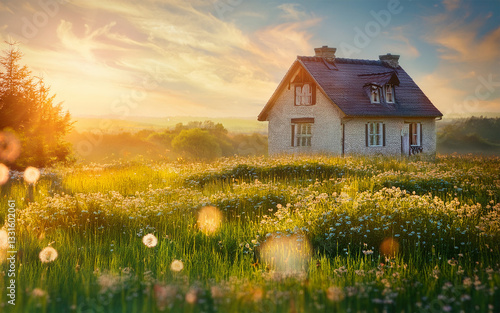 Encantadora casa de campo en medio de un exuberante prado verde, rodeada de flores y una suave puesta de sol dorada. Ambiente acogedor y cálido con texturas vintage y pinceladas suaves