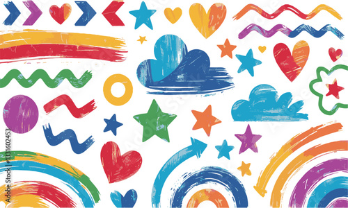 Modern vector-style hand-drawn illustration of colorful brushstroke elements, easily editable.