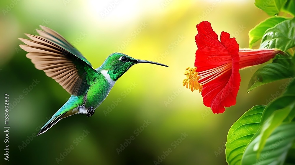 Naklejka premium Hummingbird and Hibiscus: A Vibrant Encounter in Nature's Embrace
