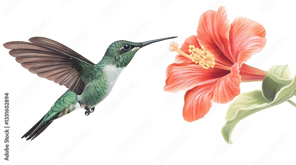 Fototapeta premium Hummingbird and Hibiscus: A Vibrant Encounter
