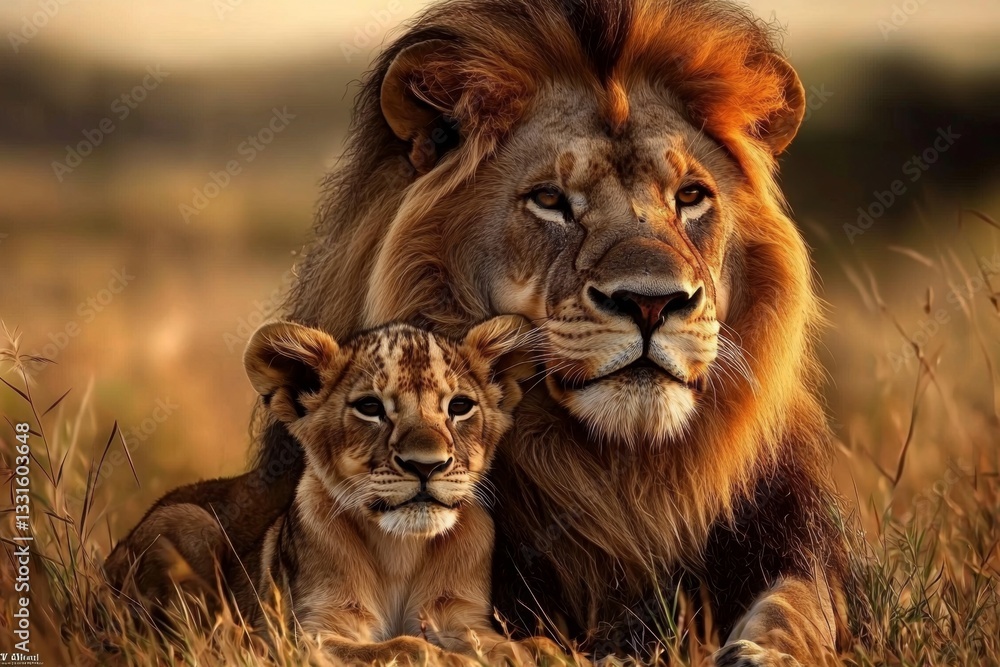 Fototapeta premium The bond between a proud lion and its adorable cub is highlighted in a vibrant natural setting.