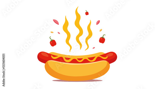 Exaggerated hot dog steaming with condiments, minimalist illustration
