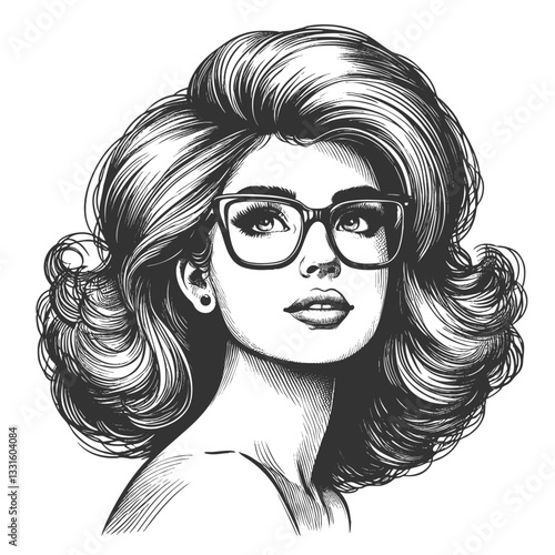 woman with large glasses and voluminous wavy hair, gazing thoughtfully sketch engraving generative ai fictional character vector illustration. Scratch board imitation. Black and white image.