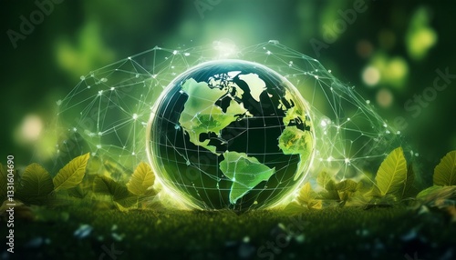 green energy globe with network connections on leafy background for sustainability concept art generative ai