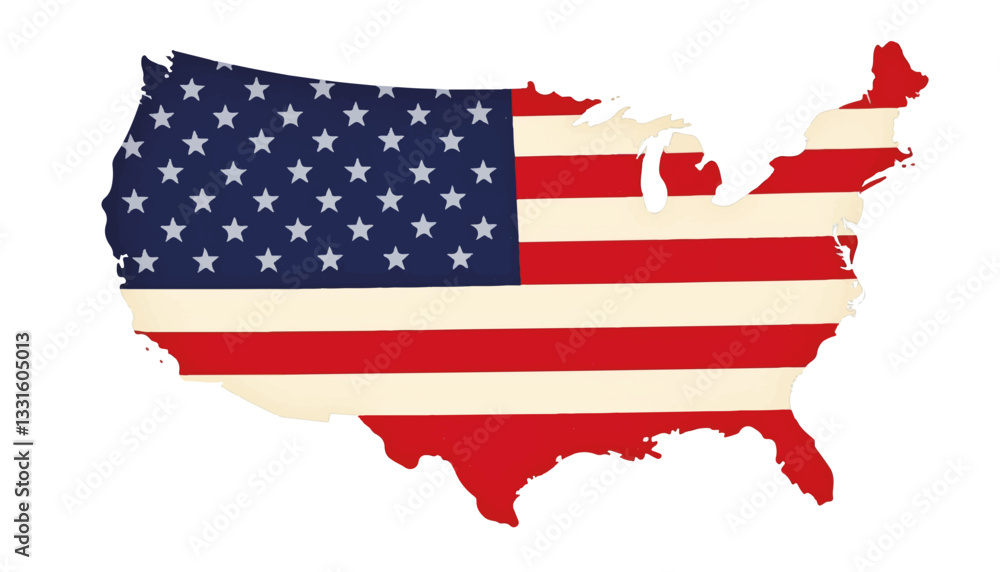 USA map outlined with flag colors on white background, patriotic symbolism USA map outlined with flag colors on white background, patriotic symbolism