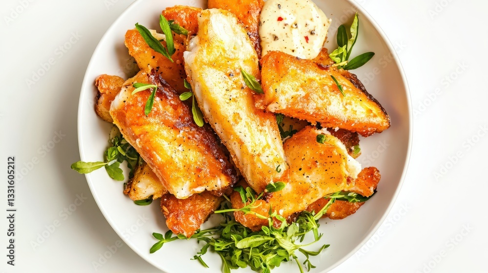 Crispy Delicious Fried Fish Fillets with Fresh Herbs and Sauce